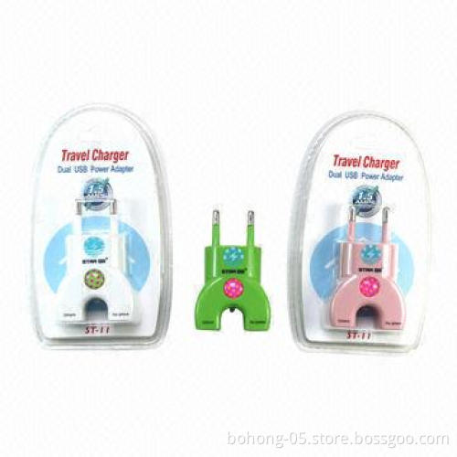 Mini U-shape USB car charger with four connectors, MOQ is 500pcs per each color